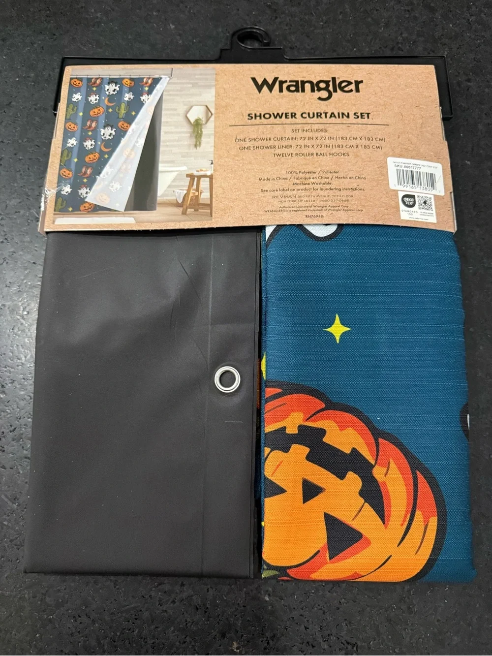 NEW Wrangler BLUE Fabric HALLOWEEN GHOST PUMPKIN CACTUS BOOT Shower Curtain Set
